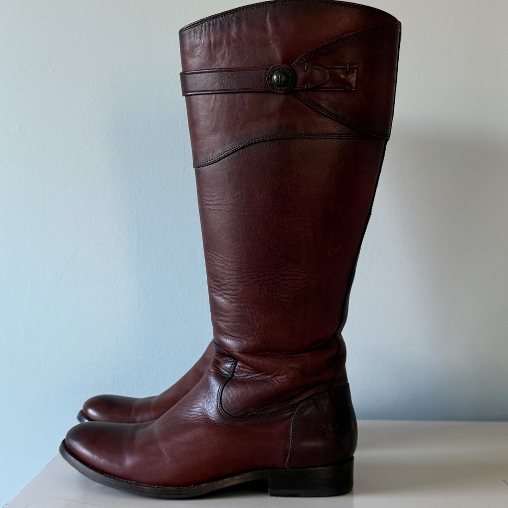 Frye Penny button tall leather boots brown size 8 extended calf